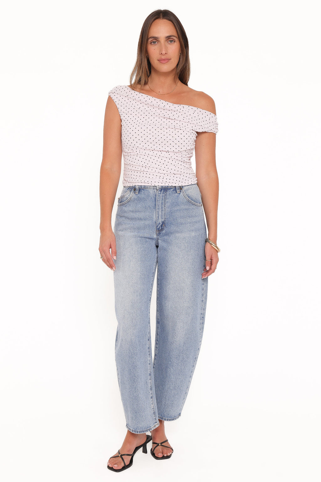 Aaron Off Shoulder Top - Pale Pink Dot