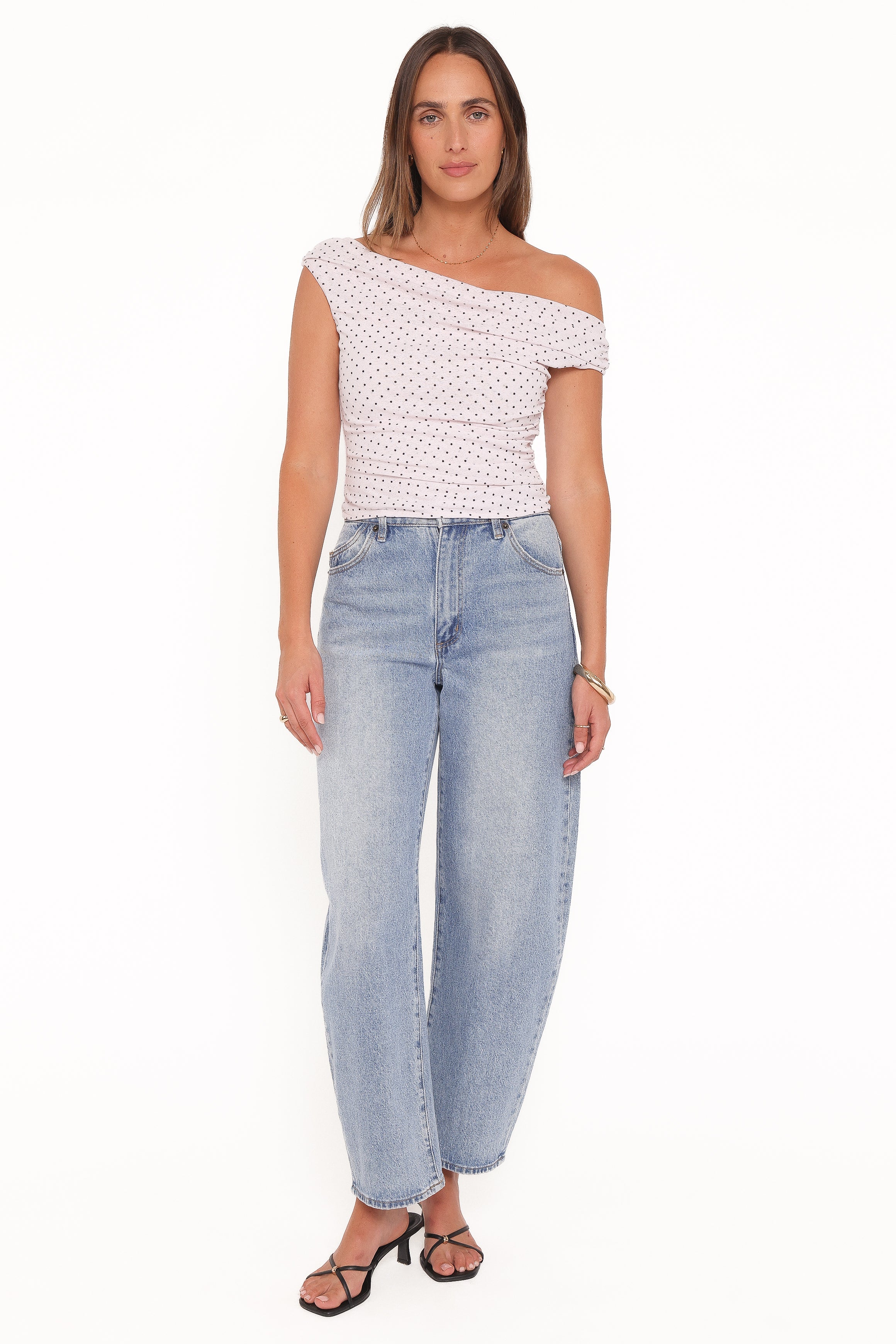 Aaron Off Shoulder Top - Pale Pink Dot